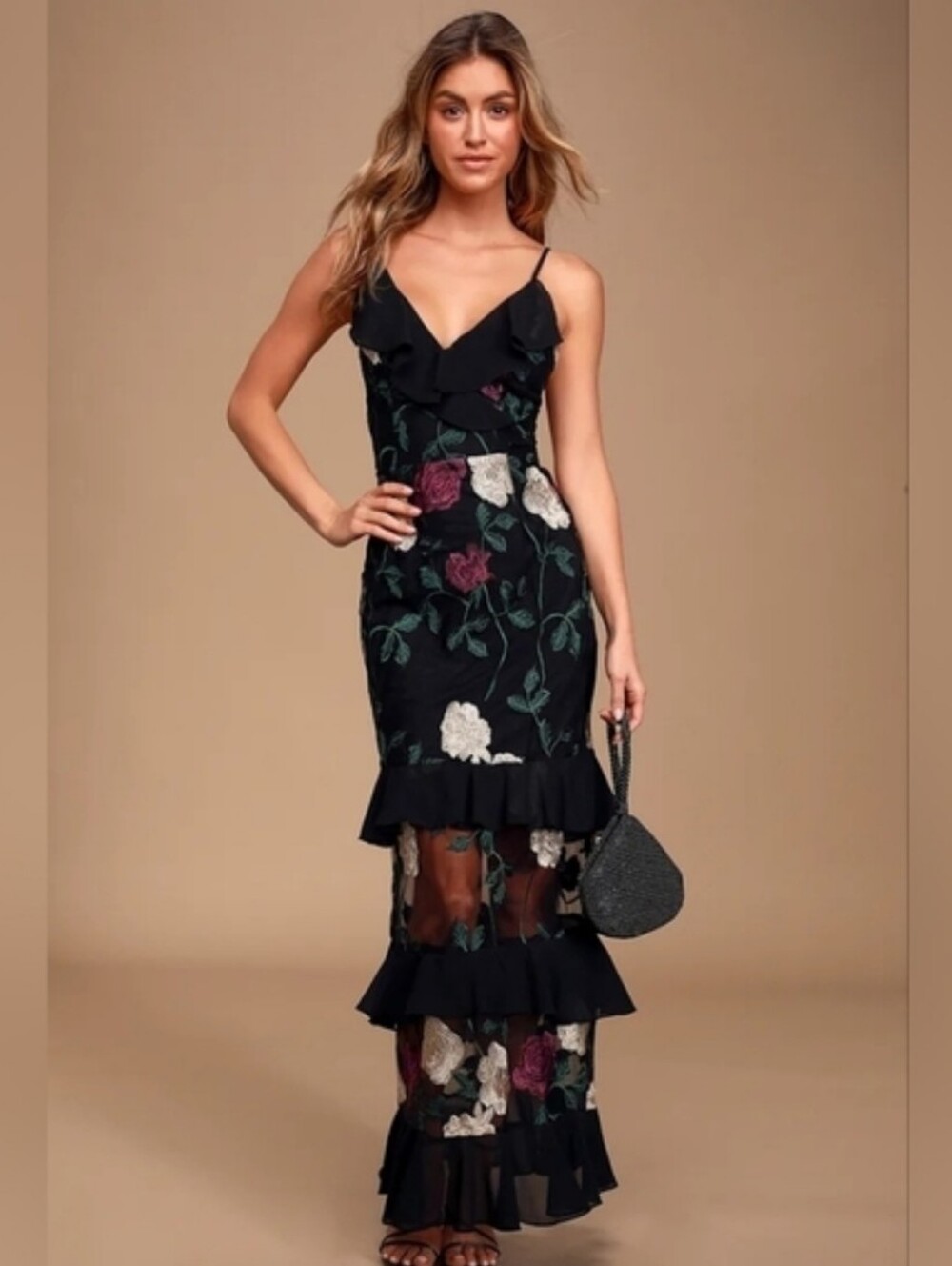 NWT Lulu's True To Heart Black Floral Embroidered Maxi Dress